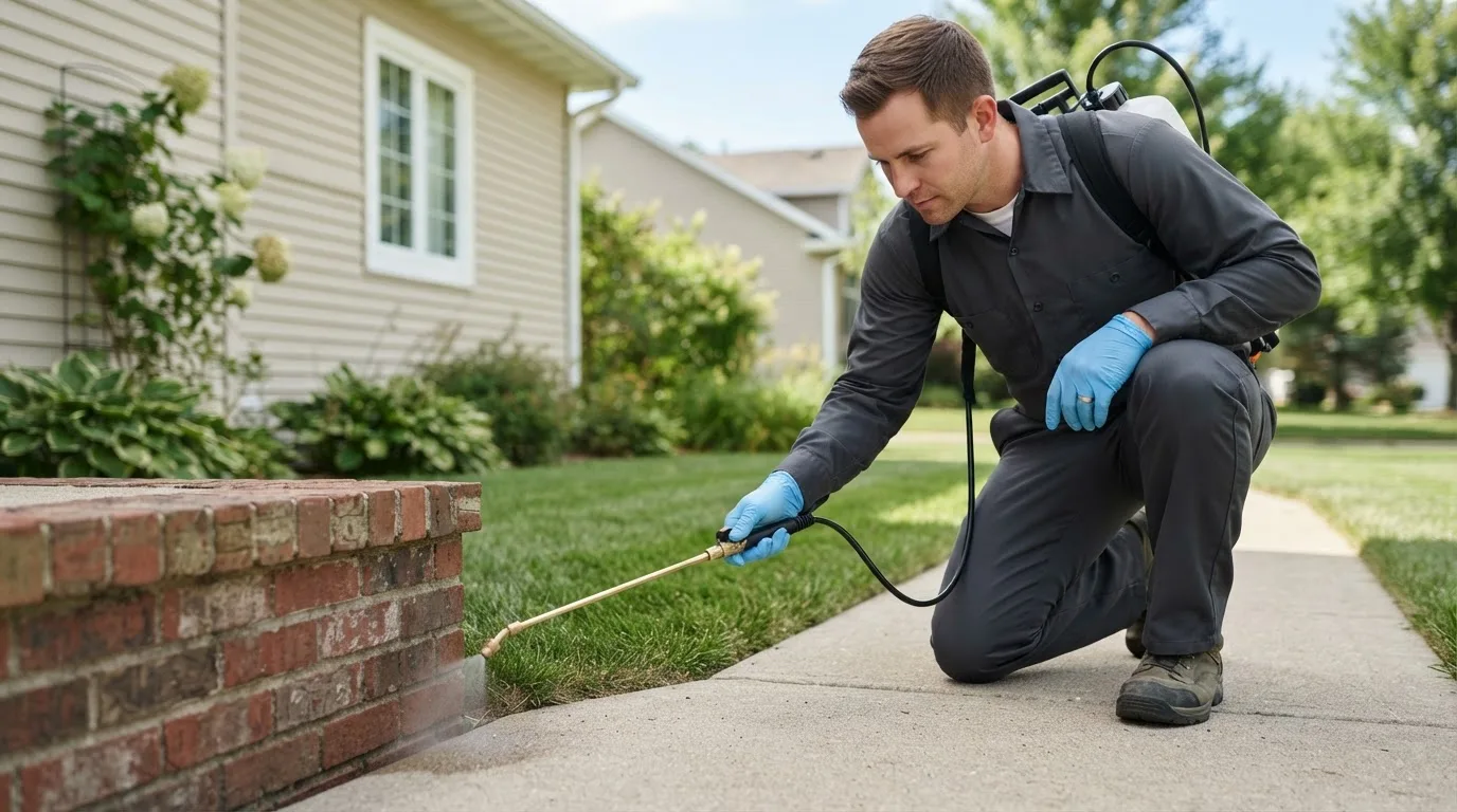 Pest control technician treating a home near Knox, ND